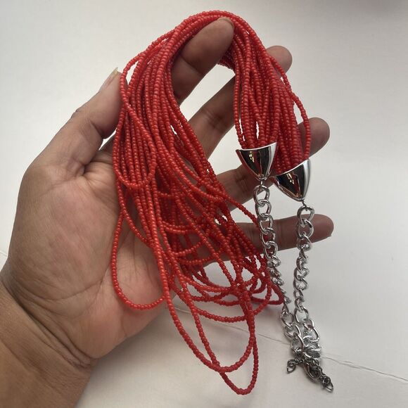 Vintage & Modern Small Seed Bead Necklace Red Multi Layered Chain B#8 - Picture 9 of 10